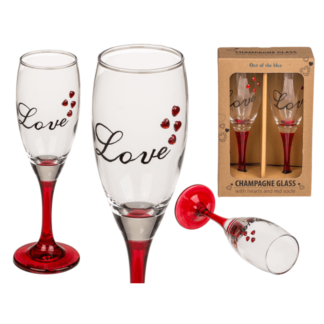 CALICE PER CHAMPAGNE CON CUORI E BASE ROSSA LOVE 5x20cm 750045 40671