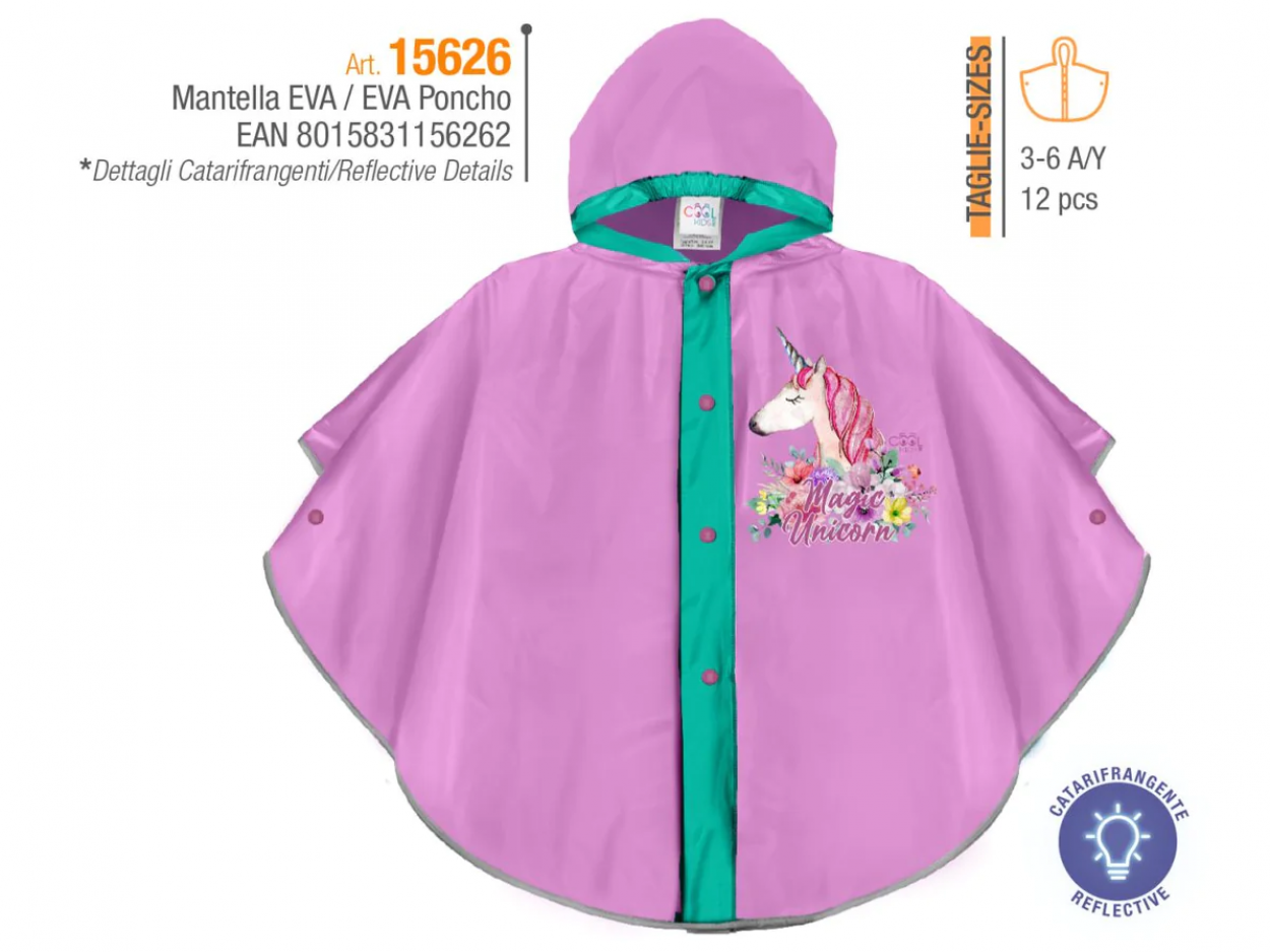 PONCHO PIOGGIA UNICORNO BORDO CATARIFRANGENTE COOL KIDS 15626 40035