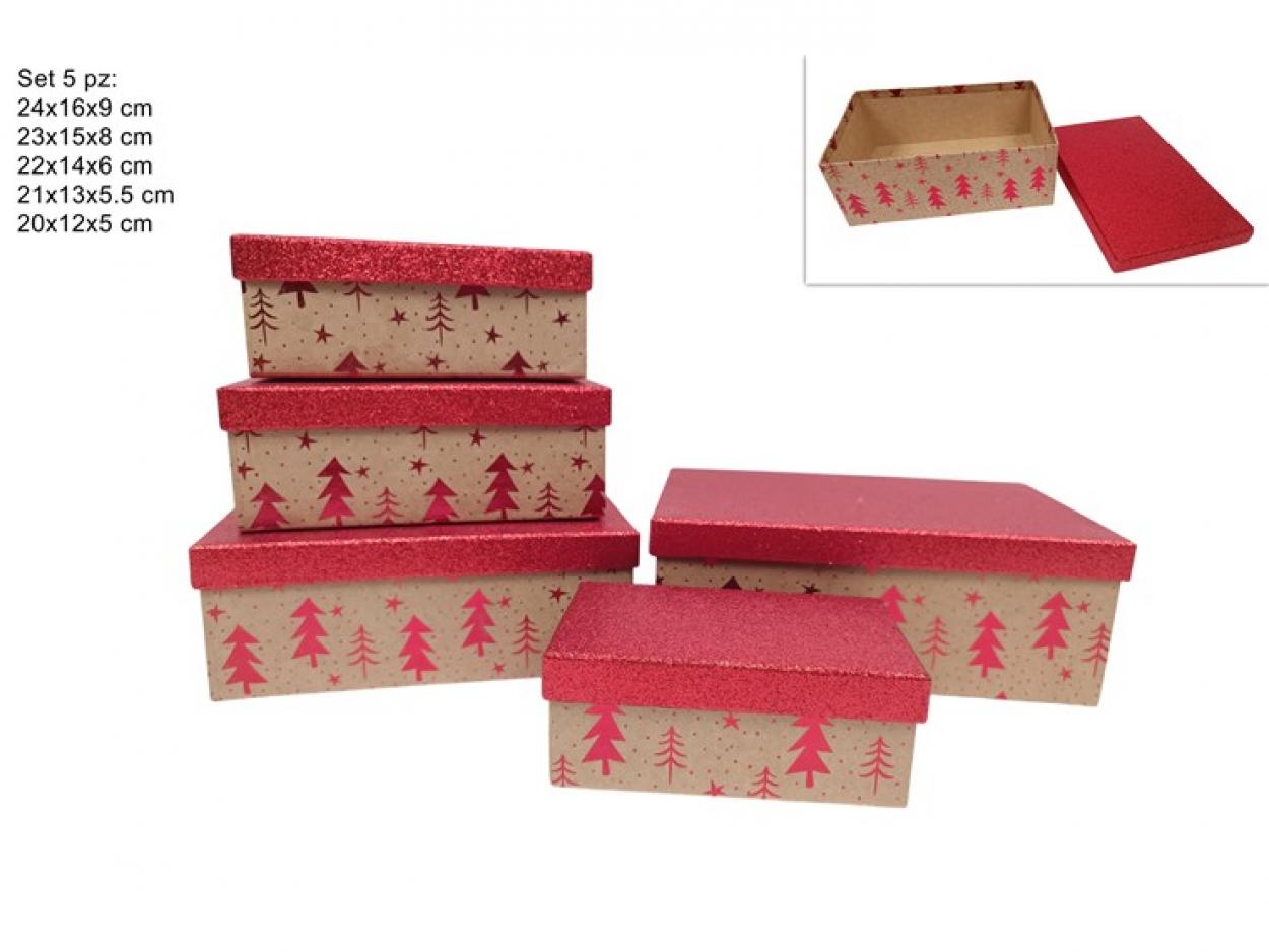 SCATOLE RETTANGOLARI SET 5 MISURE CON TAPPO GLITTERATO ROSSO 375762 40649