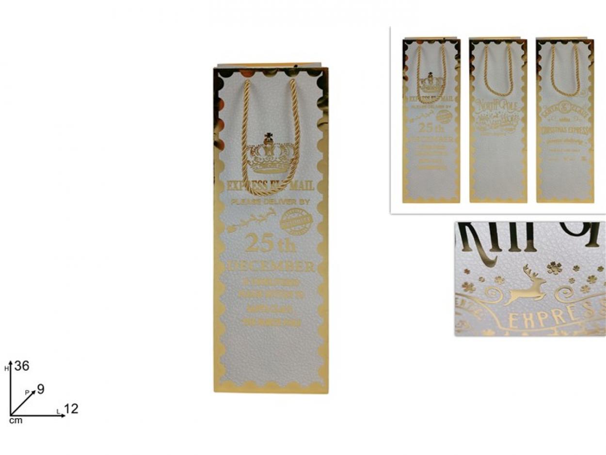 BUSTA REGALO BIANCA CON SCRITTA NATALIZIA ORO 36x12x9cm 390772 40649