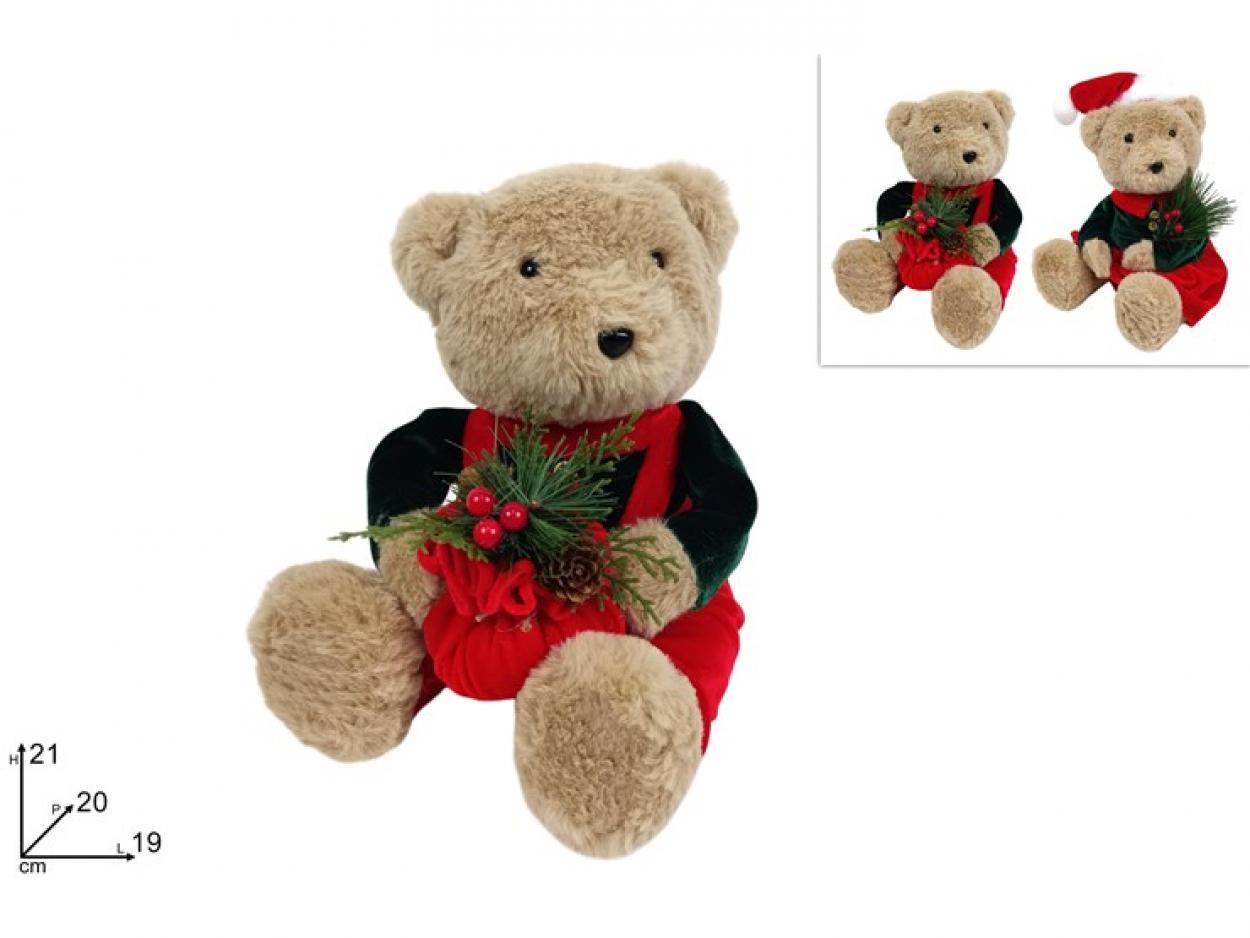 ORSO SEDUTO 21cm PELLICCIA CON VESTITO ROSSO/VERDE VELLUTO 364827 40649