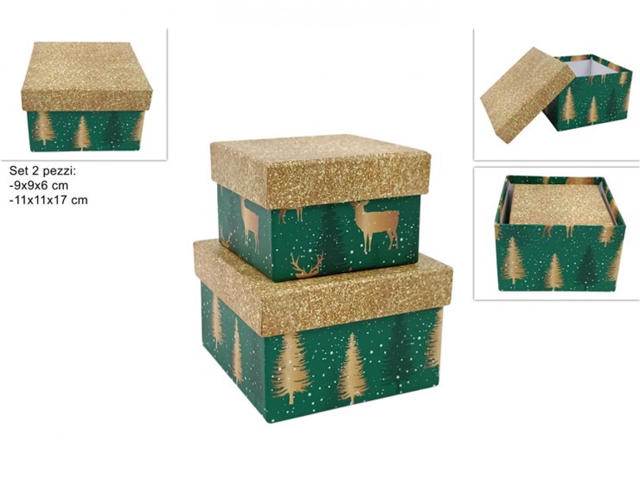 SCATOLE QUADRATE SET 2pz DECORO RENNE E ALBERI 397832 40649