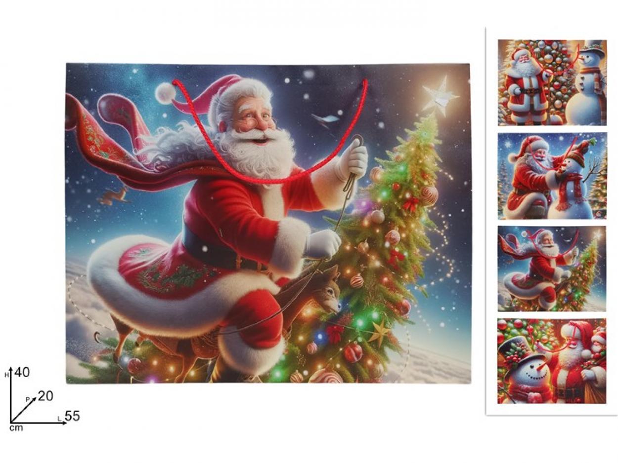 BUSTA REGALO ORIZZONTALE BABBO NATALE CON PUPAZZO DI NEVE 55x40x20cm 388786 40649