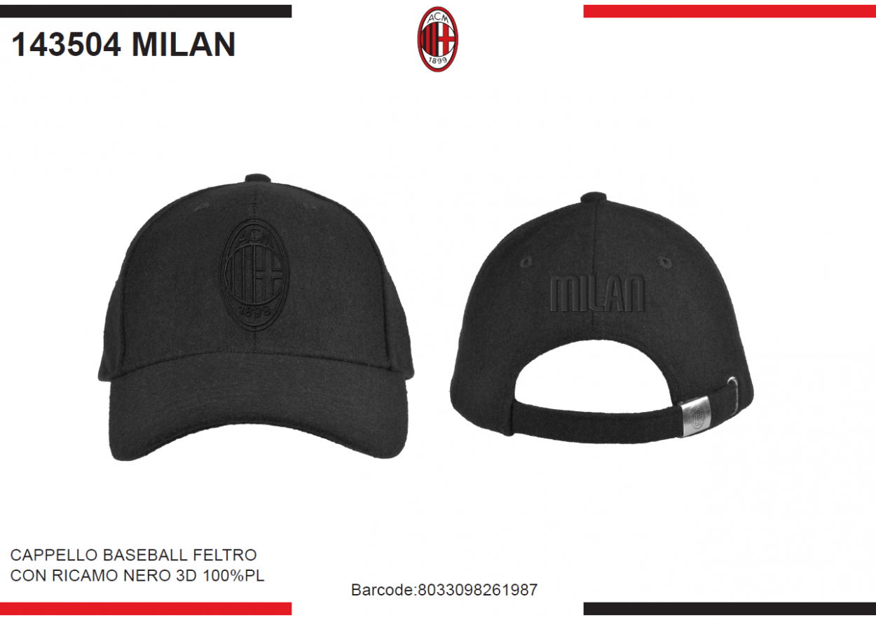 CAPPELLO BASEBALL FELTRO RICAMATO NERO MILAN 143504 MILAN 40351