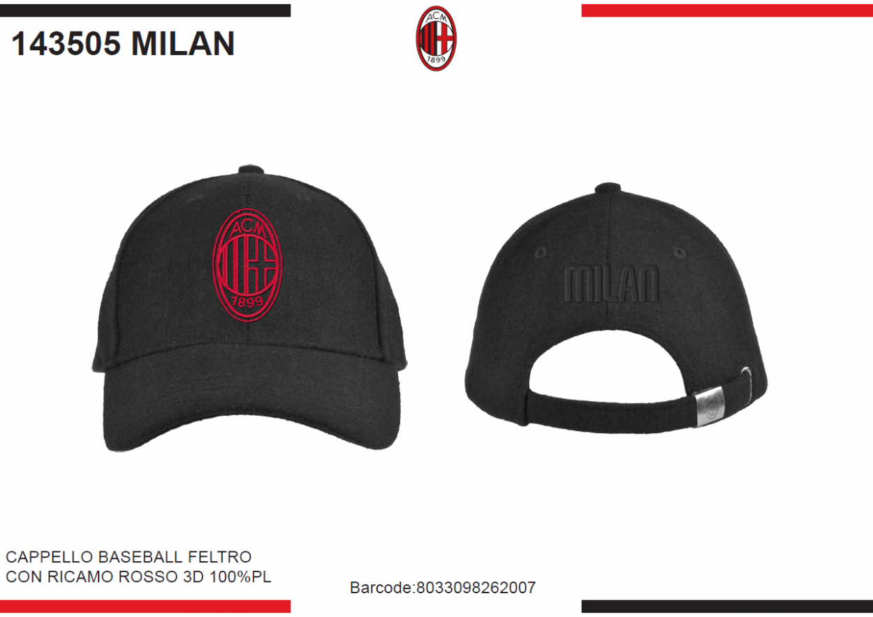 CAPPELLO BASEBALL FELTRO RICAMO ROSSO MILAN 143505 MILAN 40351