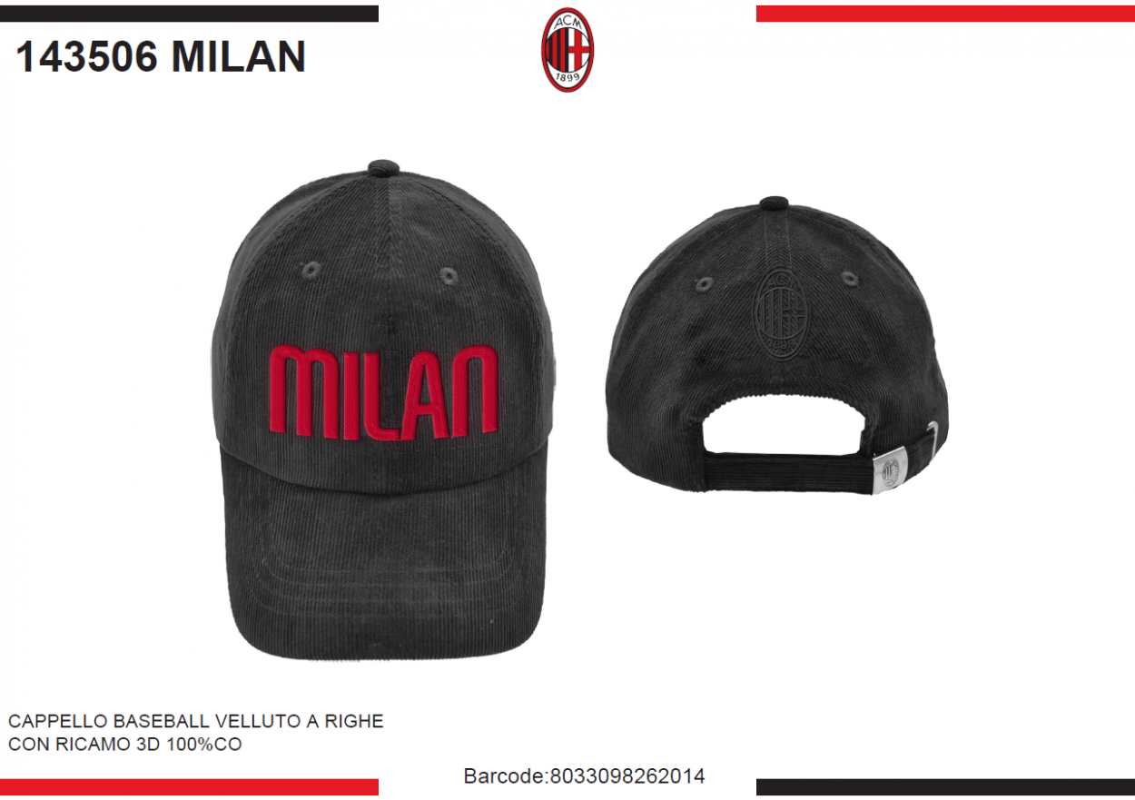 CAPPELLO BASEBALL VELLUTO RICAMATO MILAN 143506 MILAN 40351