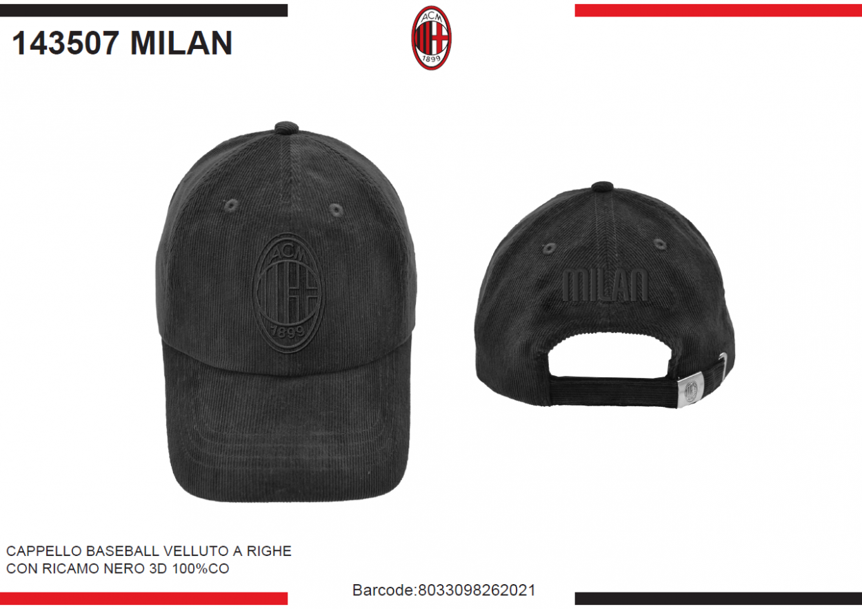 CAPPELLO BASEBALL VELLUTO RICAMO NERO MILAN 143507 MILAN 40351