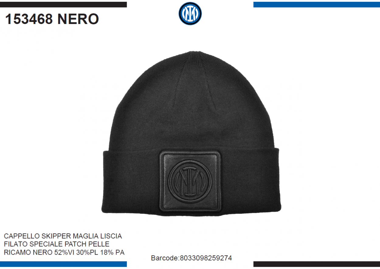 CAPPELLO SKIPPER MAGLIA LISCIA PATCH PELLE RICAMO NERO INTER 153468 NERO 40351