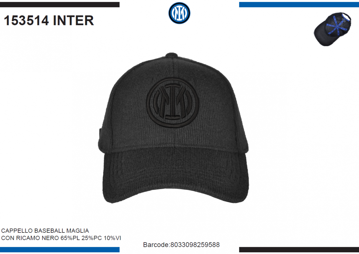 CAPPELLO BASEBALL MAGLIA RICAMO NERO INTER 153514 INTER 40351