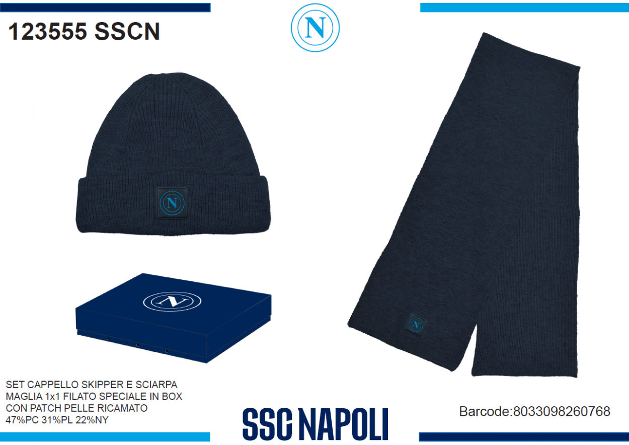 SET SCIARPA E CAPPELLO CON RICAMO IN BOX SSC NAPOLI 123555 SSCN 40351
