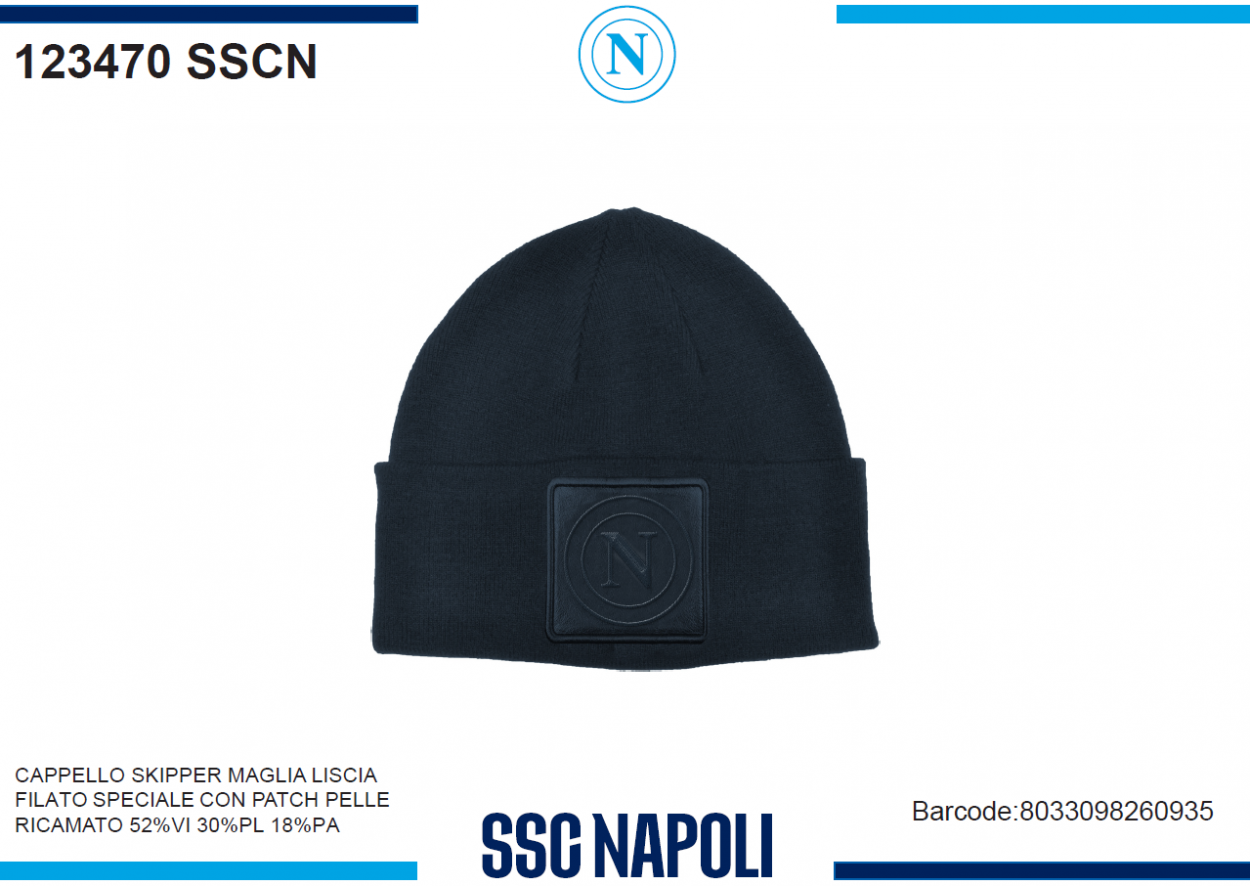 CAPPELLO SKIPPER MAGLIA LISCIA PATCH PELLE RICAMATO SSC NAPOLI 123470 SSCN 40351