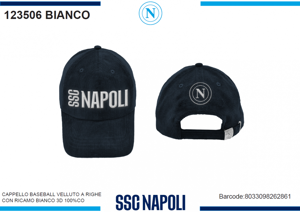 CAPPELLO BASEBALL VELLUTO RICAMBO BIANCO SSC NAPOLI 123506 BIANCO 40351