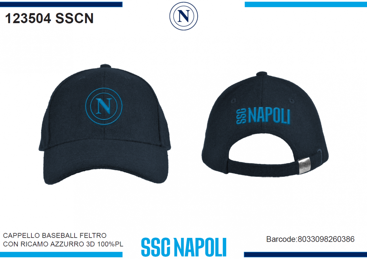 CAPPELLO BASEBALL FELTRO RICAMO AZZURRO SSC NAPOLI 123504 SSCN 40351