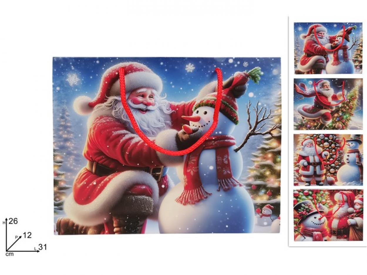 BUSTA REGALO ORIZZONTALE BABBO NATALE CON PUPAZZO DI NEVE 31x26x12cm 40649