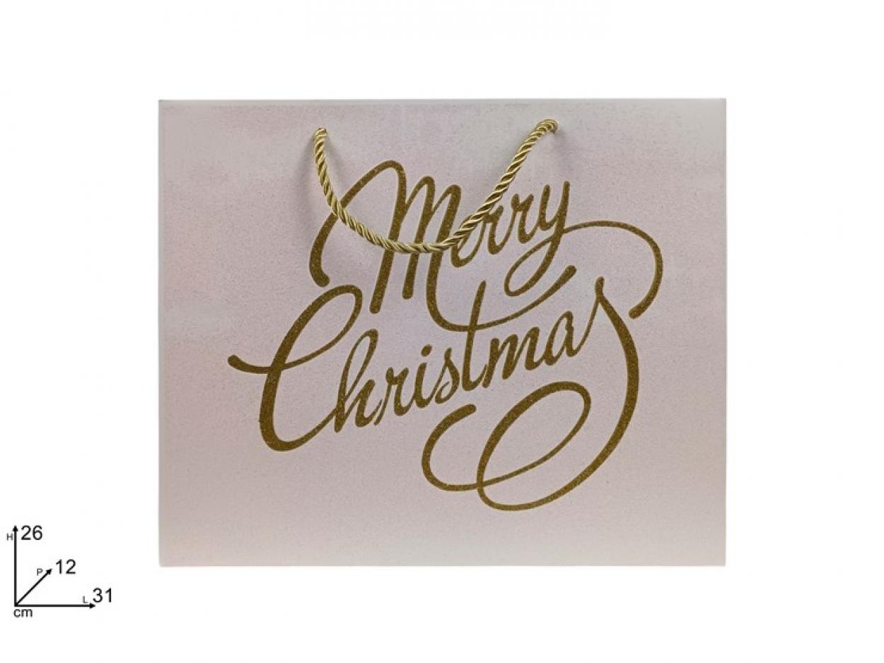 BUSTA REGALO ORIZZONTALE BIANCA GLITTERATA SCRITTA ORO GLITTER 31x26x12cm 389318 40649
