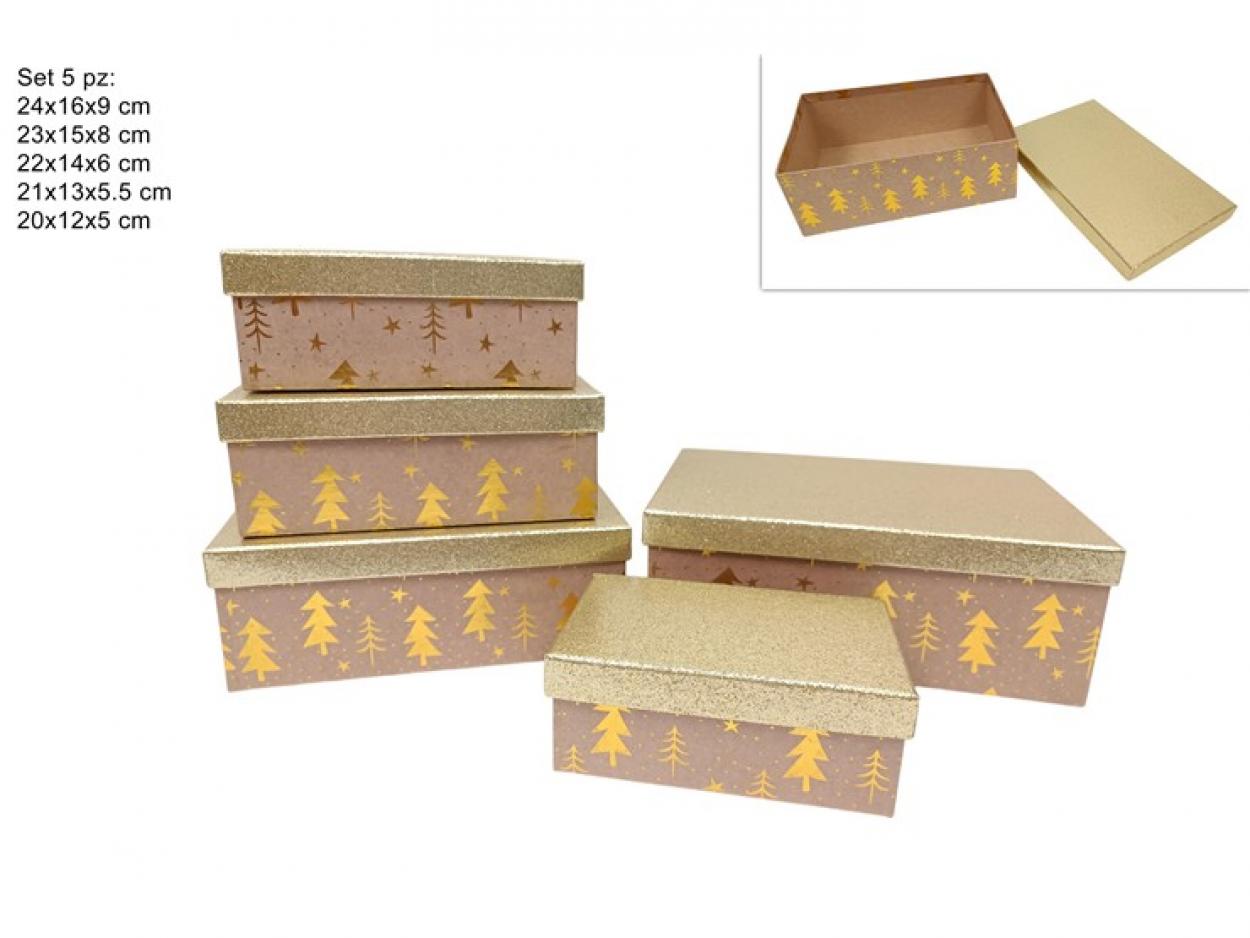 SCATOLE RETTANGOLARI SET 5 MISURE CON TAPPO GLITTERATO ORO 375779 40649
