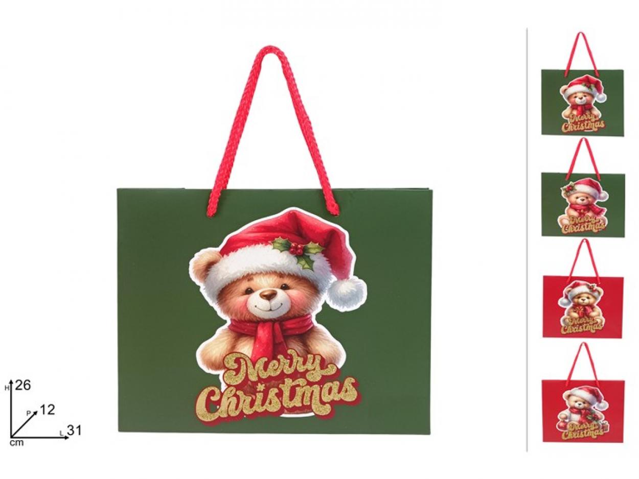 BUSTA REGALO ORIZZONTALE ORSETTO NATALIZIO 31x26x12cm 388281 40649