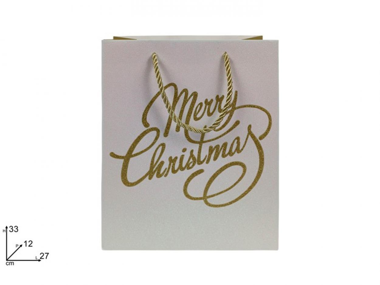 BUSTA REGALO BIANCA GLITTERATA SCRITTA ORO GLITTER 33x27x12cm 389240 40649