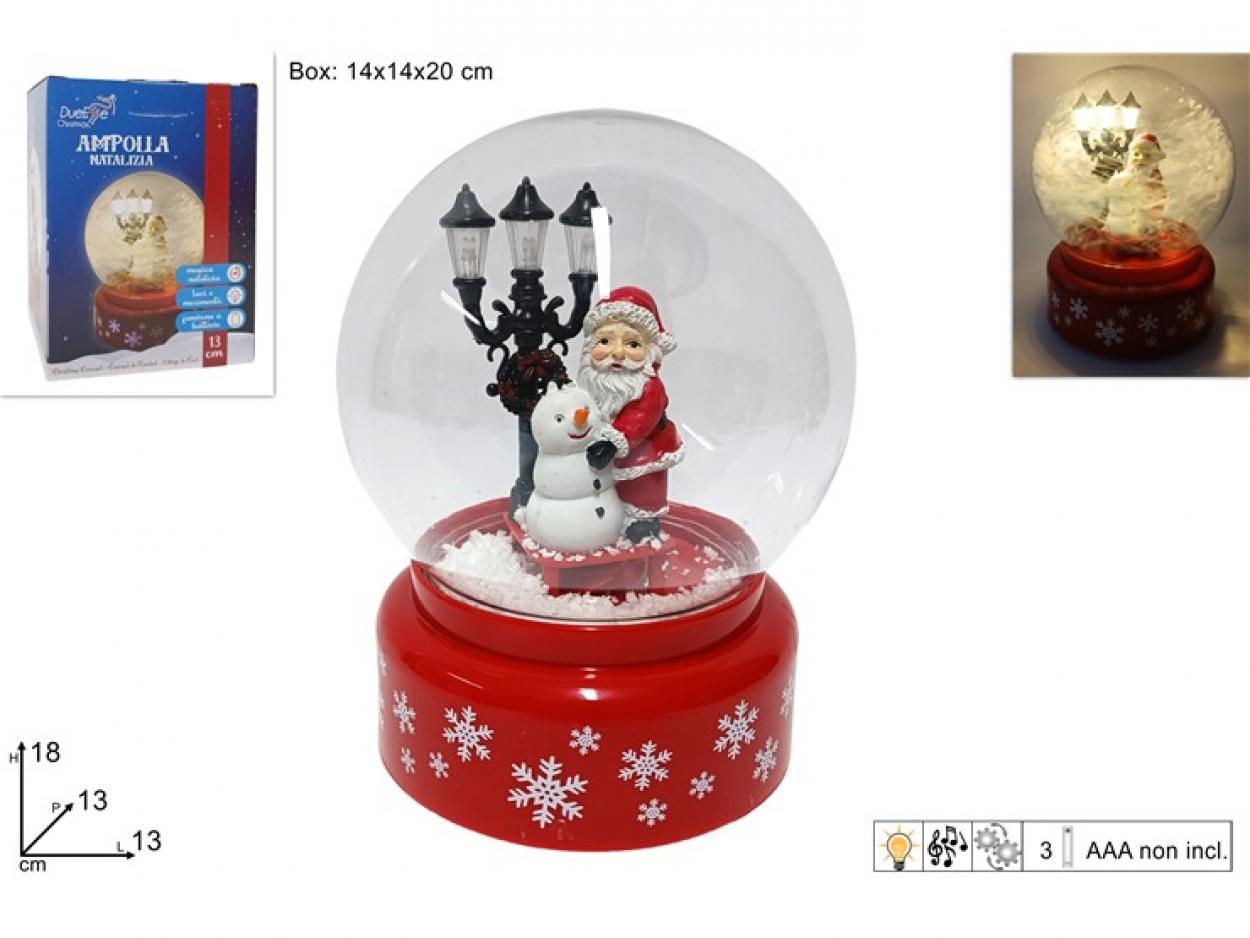 AMPOLLA PLASTICA 13cm BABBO NATALE CON PUPAZZO DI NEVE CON LUCE MUSICA MOVIMENTO 40649
