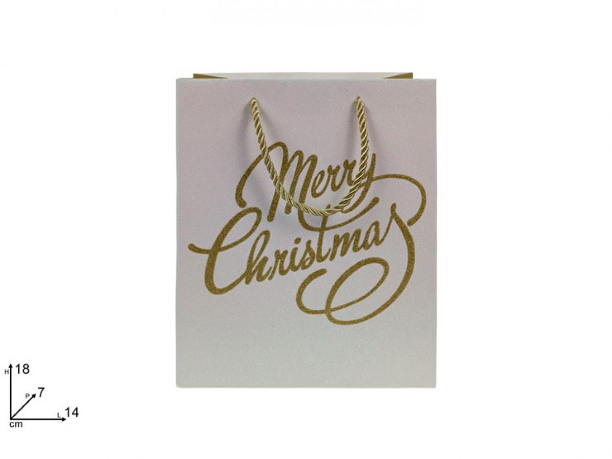 BUSTA REGALO BIANCA GLITTERATA SCRITTA ORO GLITTER 8x14x7cm 389202 40649