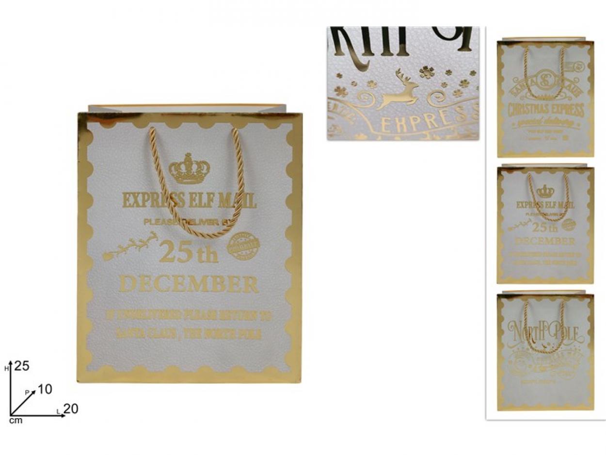 BUSTE REGALO BIANCA CON SCRITTA NATALIZIA ORO 25x20x10cm 390758 40842