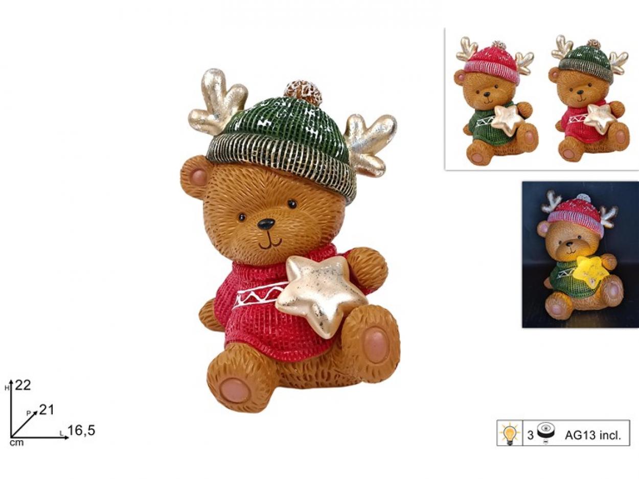 ORSO NATALIZIO SEDUTO 22cm DECORATO CON ORO CON LUCE 376707 40649