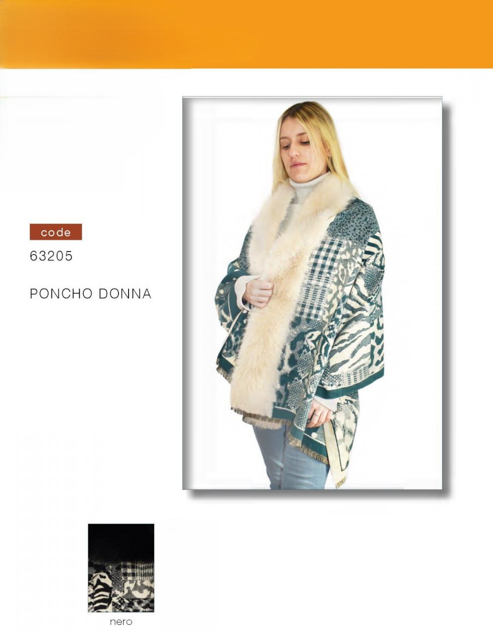 63205N PONCHO JAQUARD CON PELO NERO 41100