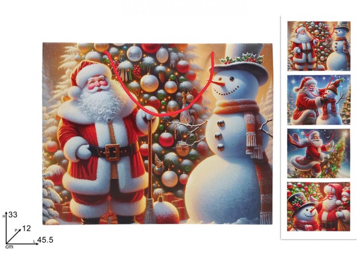 BUSTA REGALO ORIZZONTALE BABBO NATALE CON PUPAZZO DI NEVE 45,5x33x12cm 388762 40649