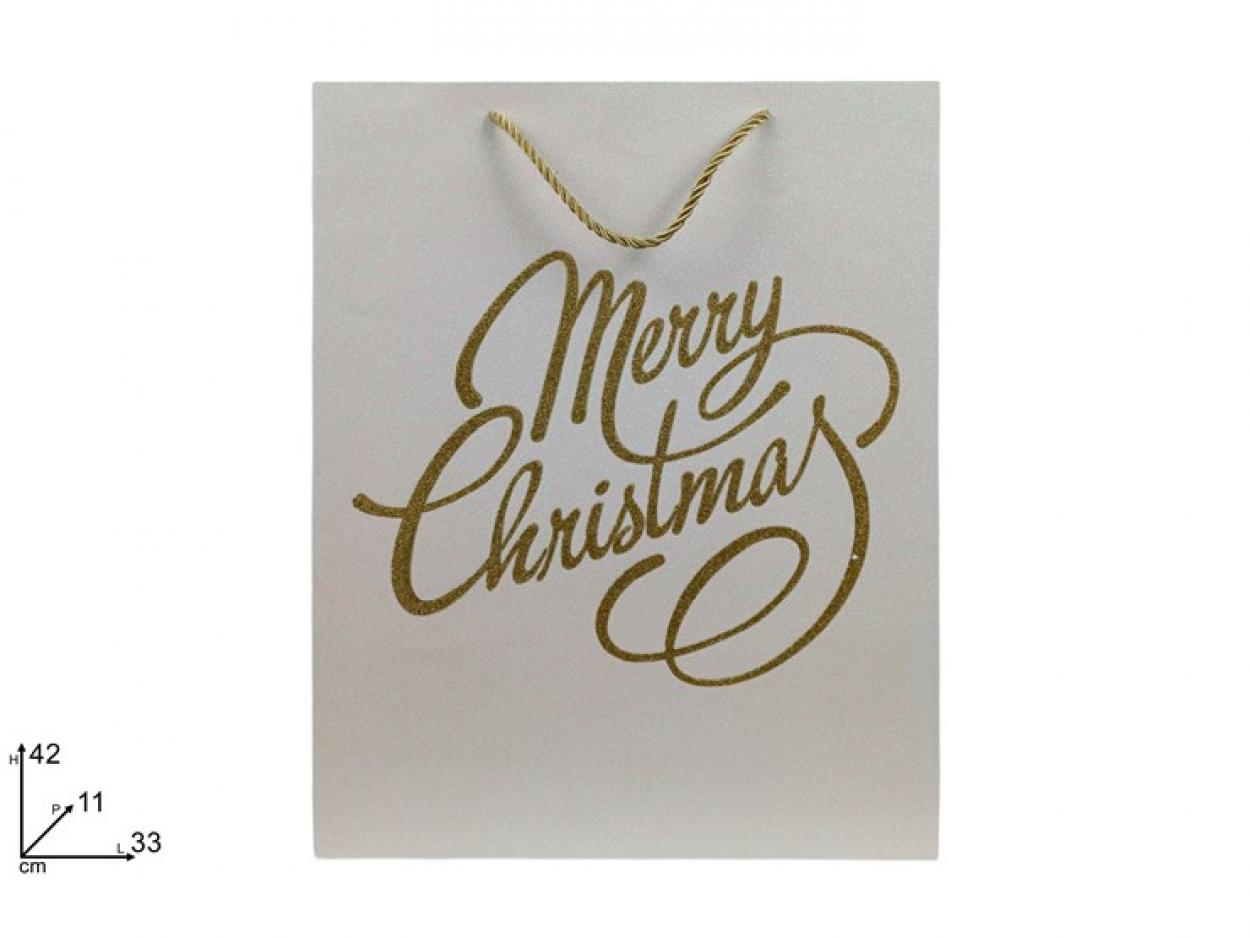 BUSTA REGALO BIANCA GLITTERATA SCRITTA ORO GLITTER 42x33x11cm 389271 40649