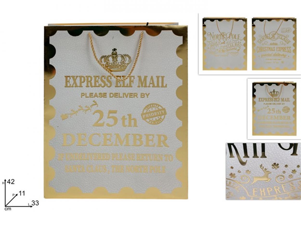 BUSTA REGALO BIANCA CON SCRITTA NATALIZIA ORO 42x33x11cm 390789 40649