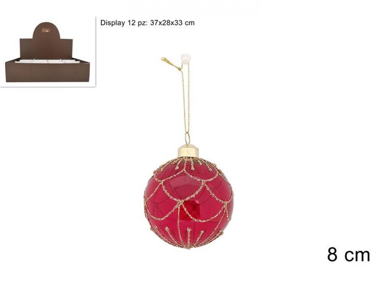 PALLA VETRO 8cm ROSSA TRASPARENTE DECORO ORO 373102 40649