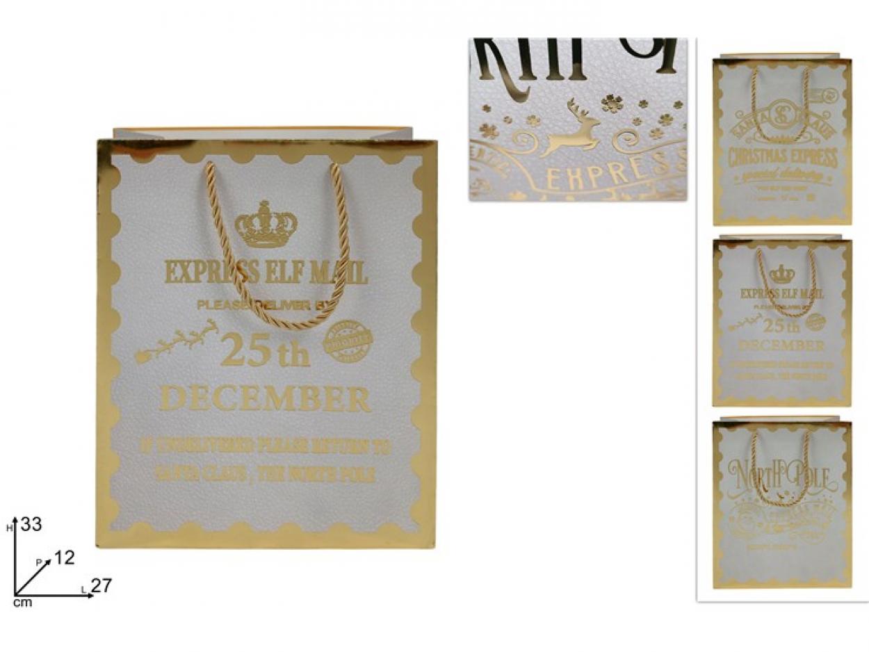 BUSTA REGALO BIANCA CON SCRITTA NATALIZIA ORO 33x27x12cm 390765 40649