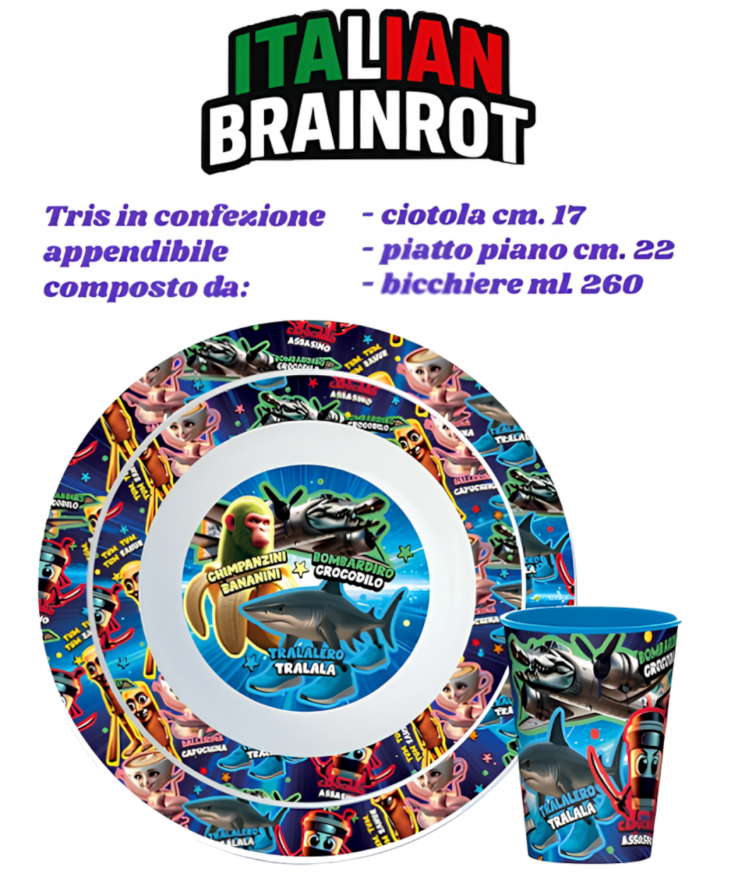 SB156BT BRAINROT TRIS 3pz PIATTO PIANO + PIATTO FONDO + BICCHIERE 41401