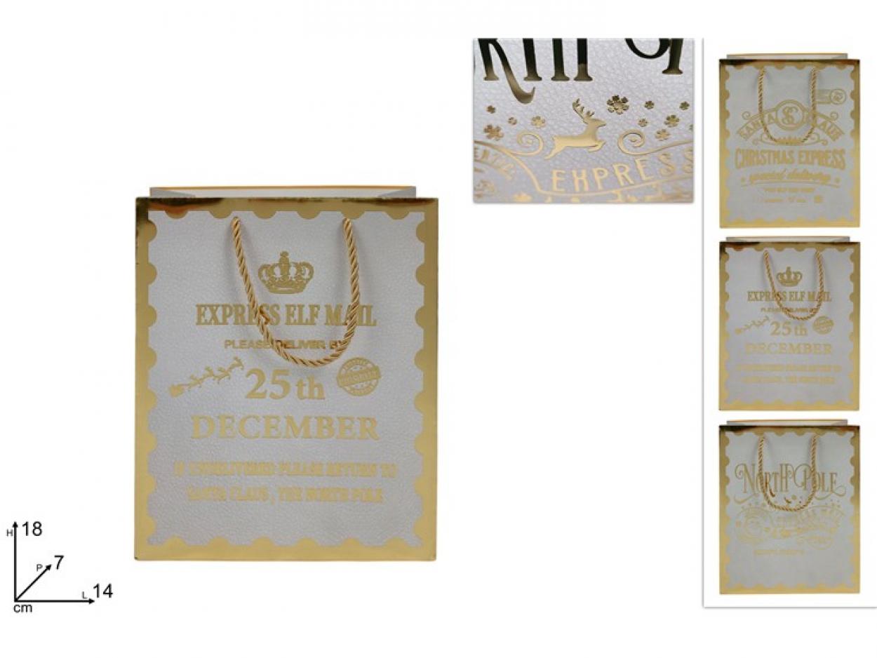 BUSTA REGALO BIANCA CON SCRITTA NATALIZIA ORO 18x14x7cm 390741 40649