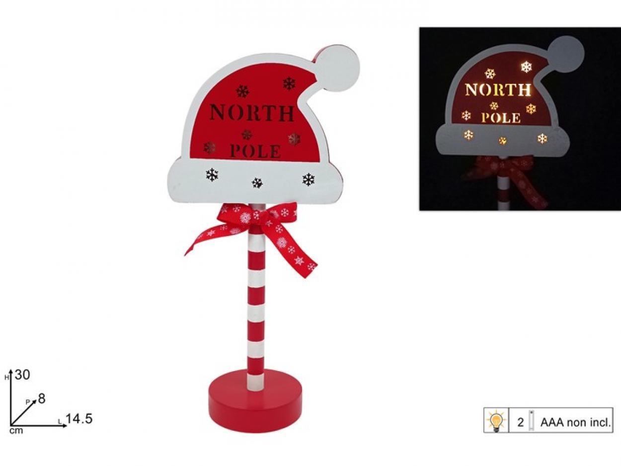 DECORAZIONE CAPPELLO ABBO NATALE IN LEGNO DECORO ROSSO/BIANCO CON LUCE 360126 40649