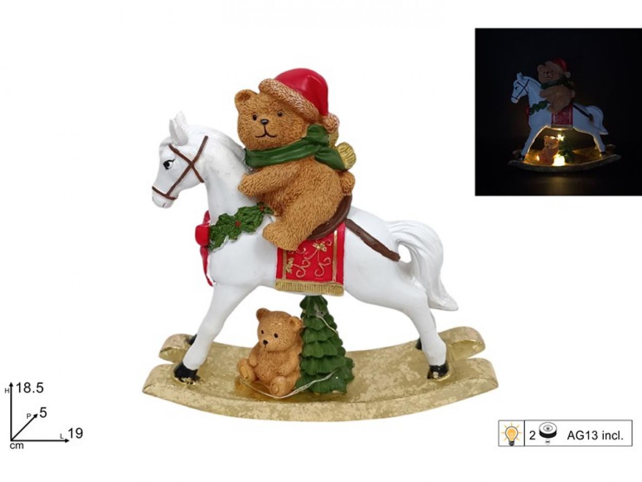 CAVALLO A DONDOLO CON ORSETTI 18,5cm CON DECORO ORO CON LUCE 364858 40649
