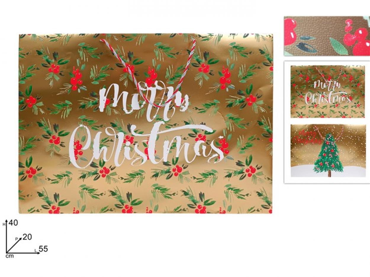 BUSTA REGALO ORIZZONTALE ORO NATALIZIA 55x40x20cm 389554 40649