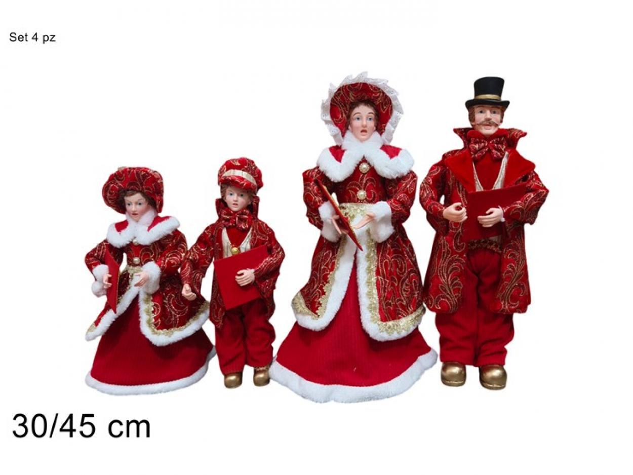 FAMIGLIA NATALIZIA SET 4pz CON ABITO ROSSO DECORATO 30/45cm 384788 40649