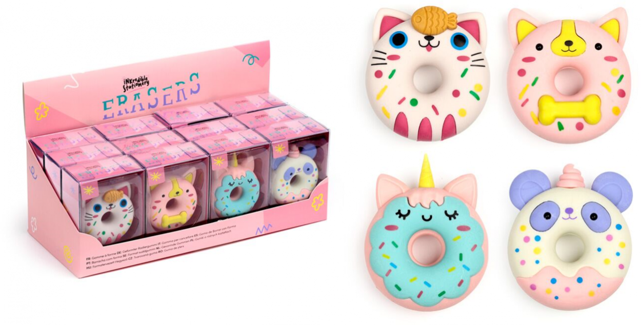 STA387 GOMMA DA CANCELLARE SAGOMATA GATTO E UNICORNO A FORMA DI DONUT 41273