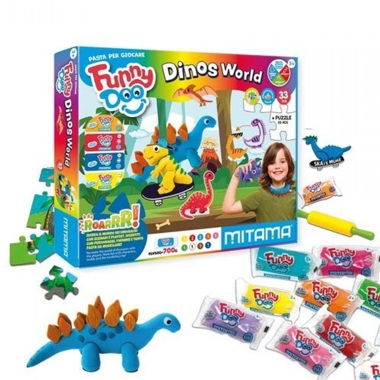 FUNNY DOO SCATOLA 33pz DINOS WOLRD MITAMA PASTA DA MODELLARE 63855 41434