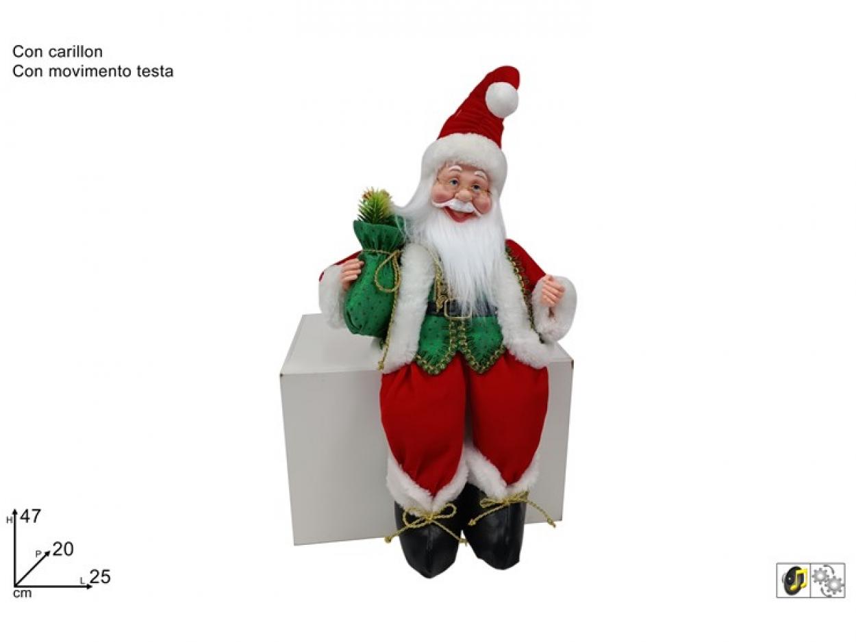 BABBO NATALE SEDUTO 47cm CON CARILLON MOVIMENTO DECORO ROSSO/VERDE 385785 40649