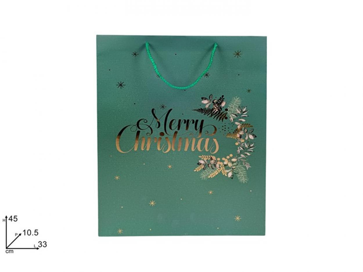 BUSTA REGALO NATALIZIA VERDE MERRY CHRISTMAS 33x45x10,5cm 398235 40649