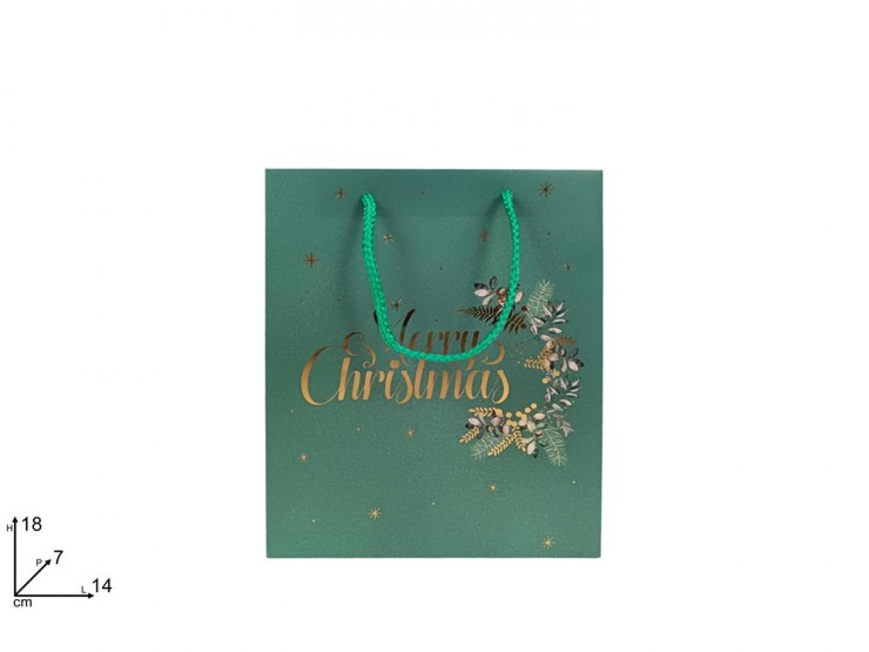BUSTA REGALO NATALIZIA VERDE MERRY CHRISTMAS 14x18x7cm 398204 40649