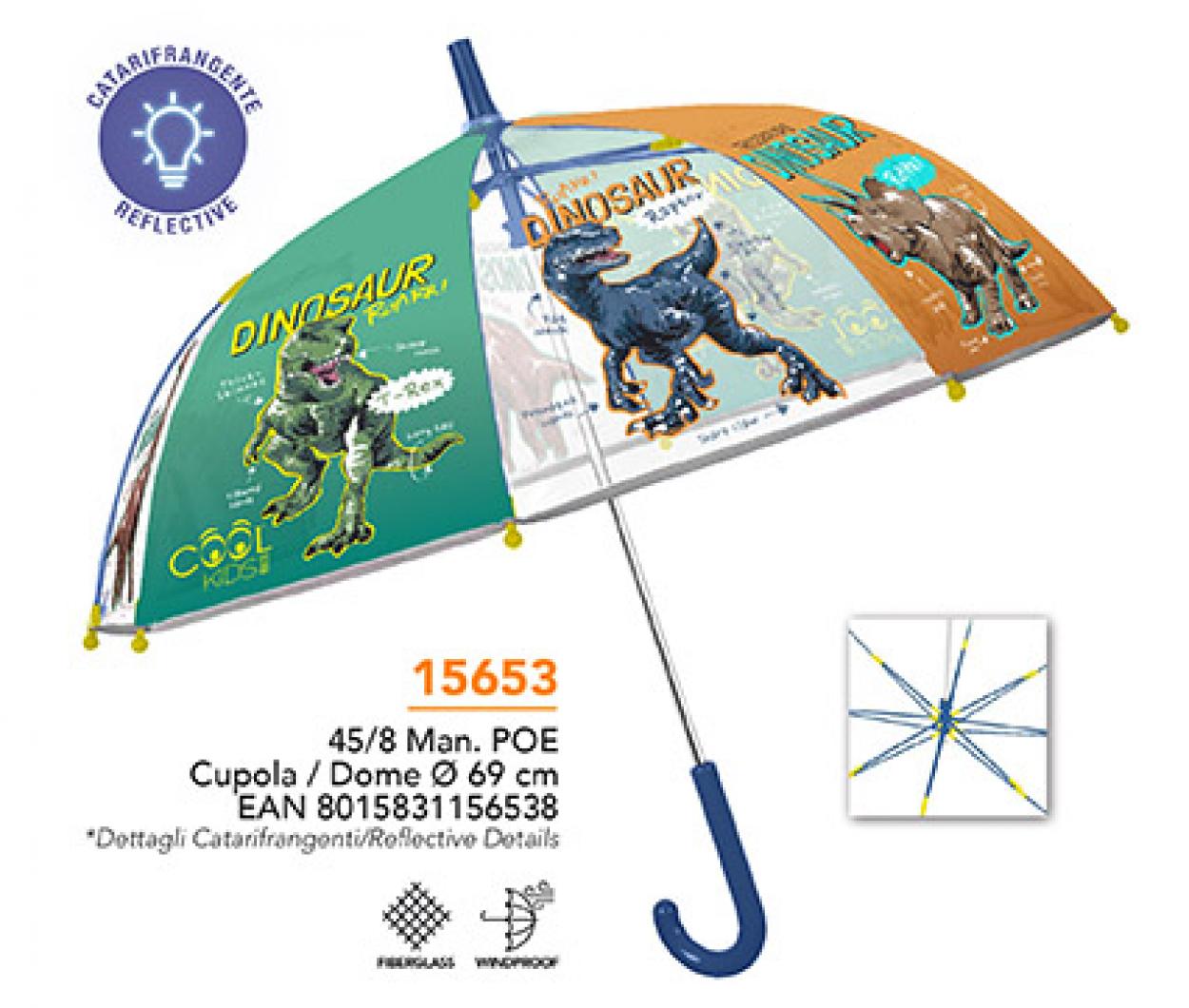 OMBRELLO MANUALE 45cm CUPOLA POE DINOSAURO COOLKIDS PERLETTI 15653 40035