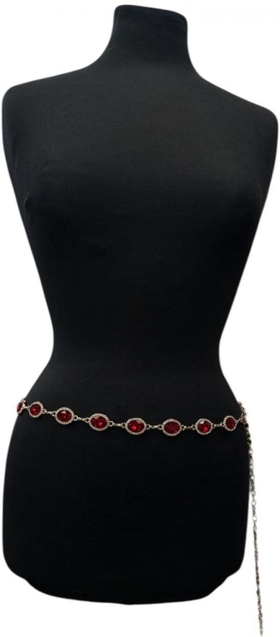 CINTURA METALLO CATENA ORO PIETRE ROSSE 40087