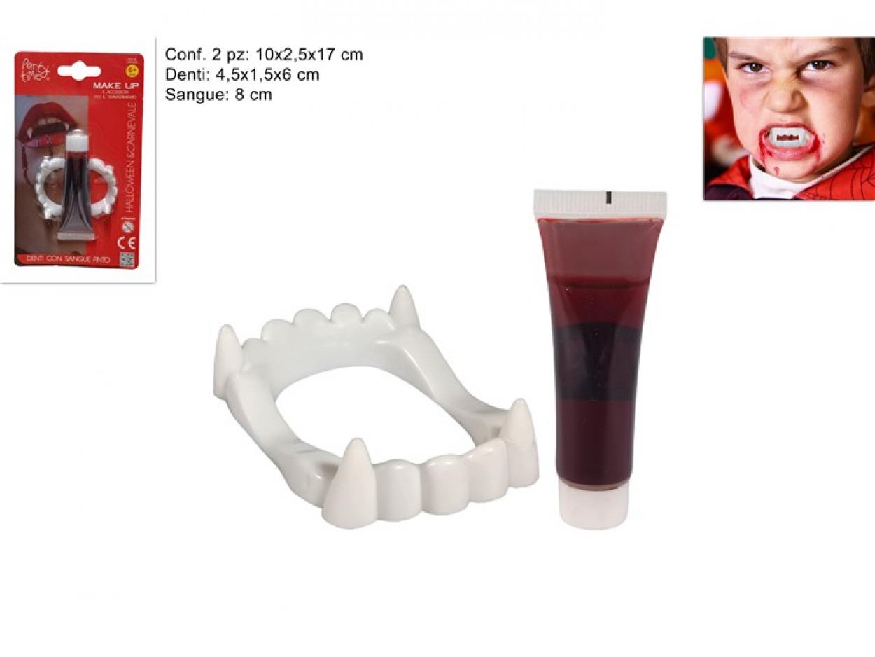 DENTI DRACULA CON SANGUE FINTO SCHERZO CARNEVALE 231372 40649
