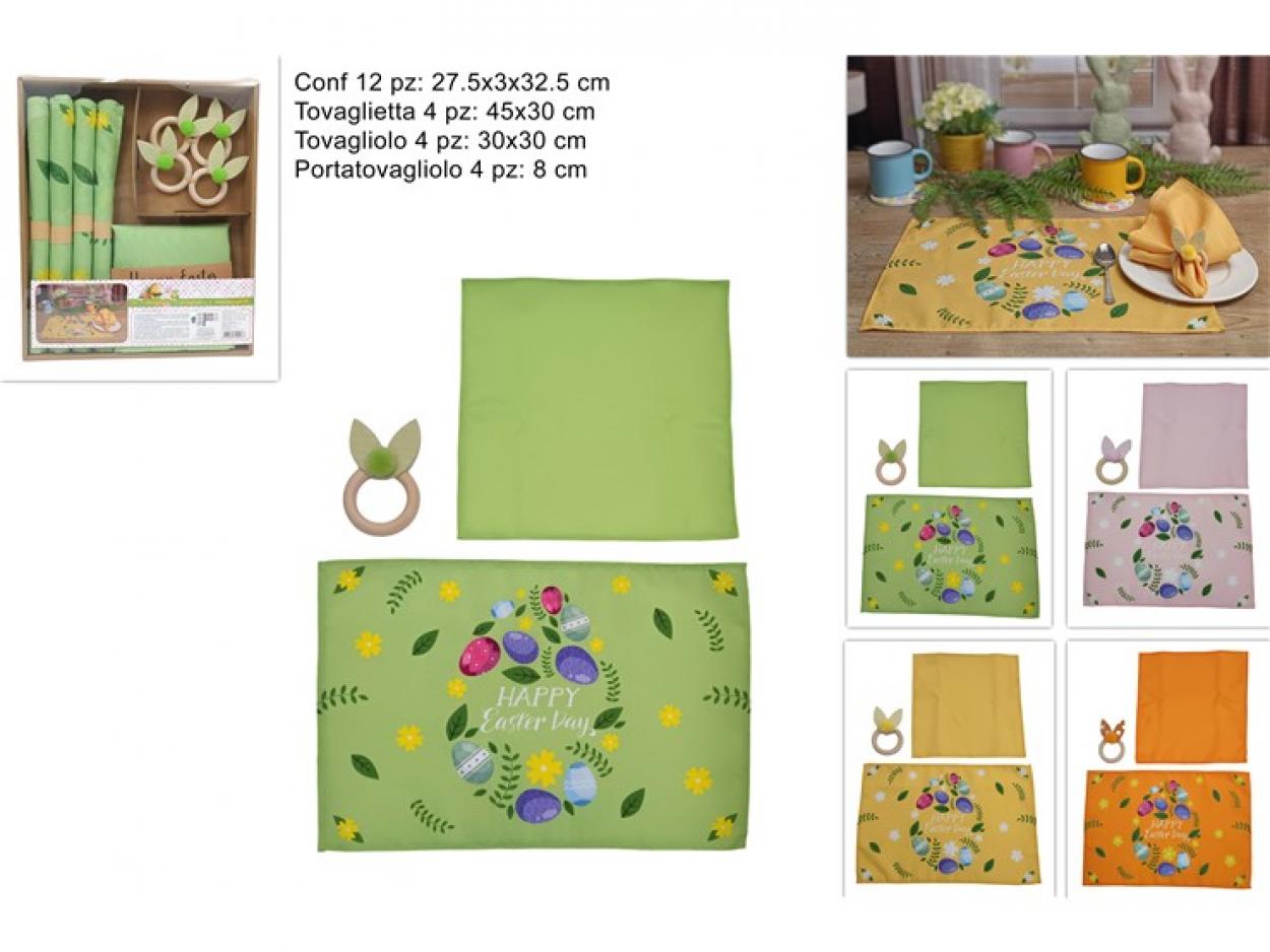 SET 4 TOVAGLIETTE 4 TOVAGLIOLI 4 PORTATOVAGLIOLI DECORO UOVA PASQUA 320007 40649