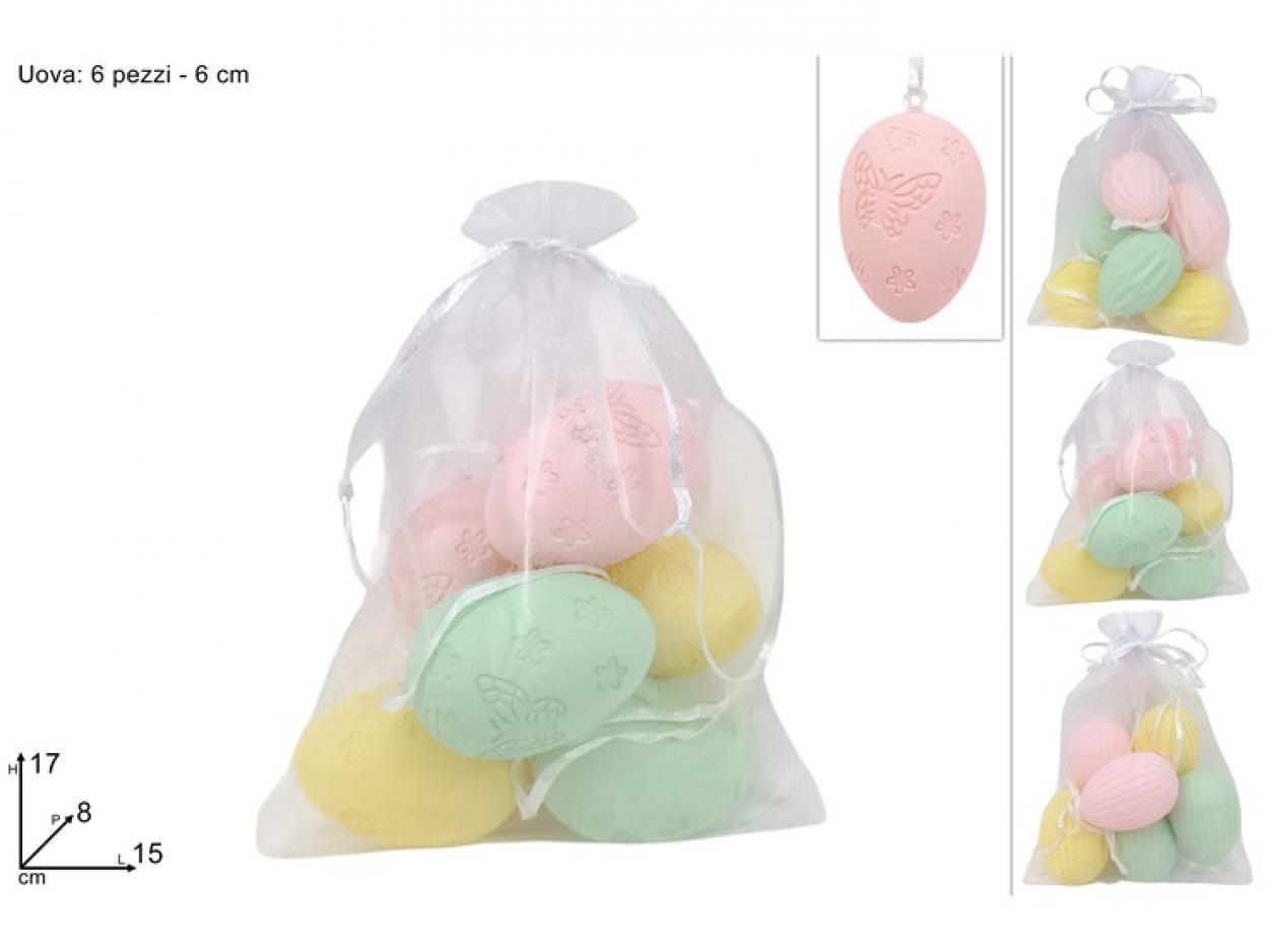 SACCHETTO CON 6 UOVA COLORATE 6cm DECORATE 423470 40649