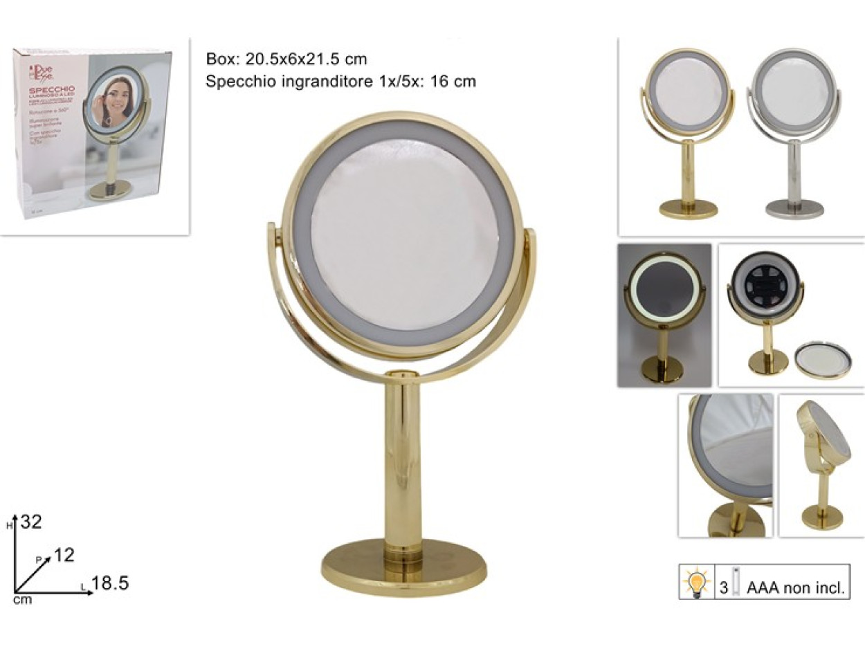 SPECCHIO LUMINOSO DIAMETRO 16,5cm PER TRUCCO 1X/5X CON BASE BATTERIE 651001 40649