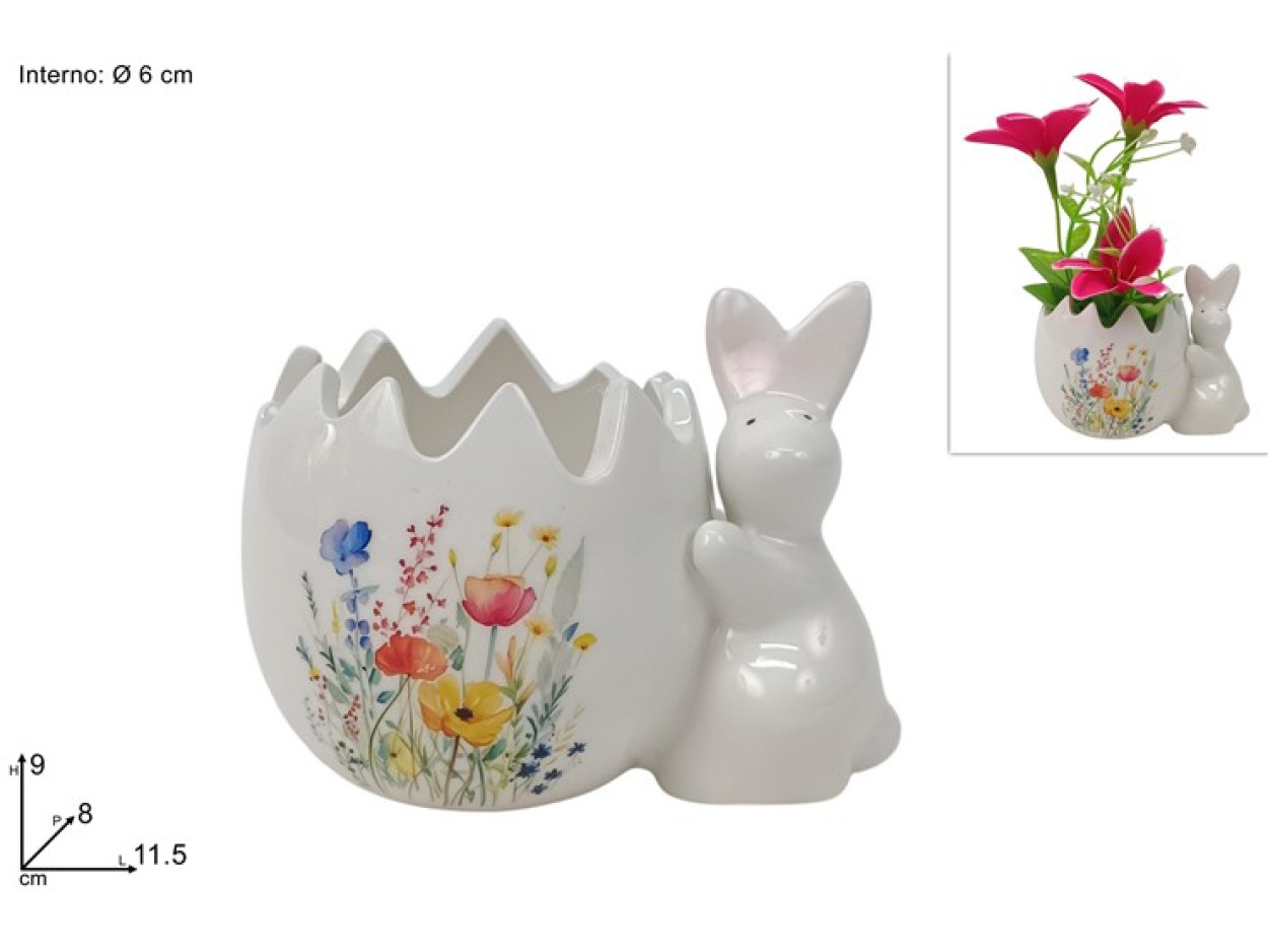 PORTAUOVO/PORTAPIANTA 6cm CERAMICA CON CONIGLIO DECORO FIORI 40649